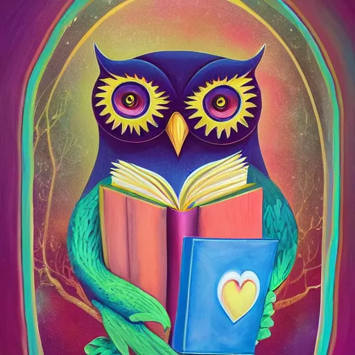 Image similar to a painting of an owl with a book in its hands, an airbrush painting by jeremiah ketner, behance contest winner, pop surrealism, storybook illustration, tarot card, lovecraftian