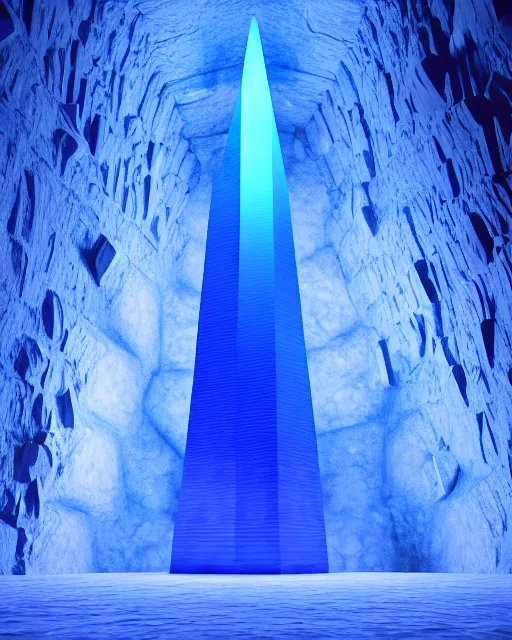 Prompt: blue shiny bismuth crystalline obelisk glowing luminated structures in a giant cave rendered in octane