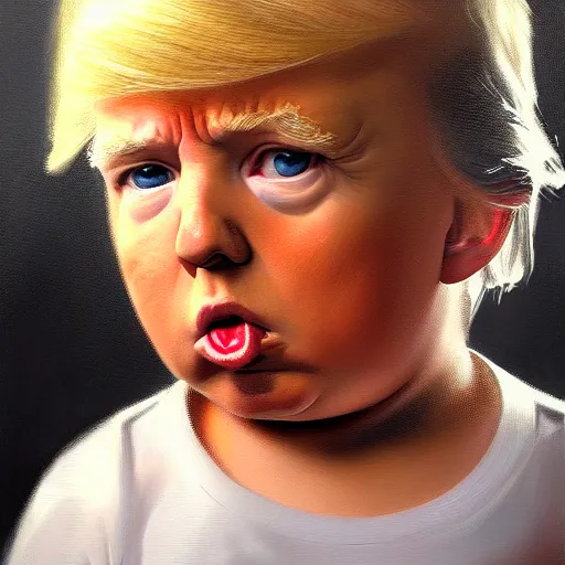 Prompt: portrait donald trump as a pouting toddler, fine art, award winning, desaturated, brown tones, intricate, elegant, sharp focus, cinematic lighting, digital painting, 8 k concept art, by michael hussar and greg manchess and brom and z. w. gu, 8 k