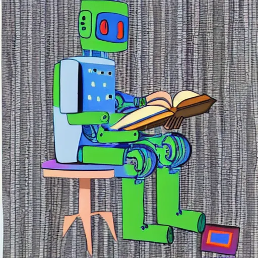 Image similar to a robot reading a book by david hockney