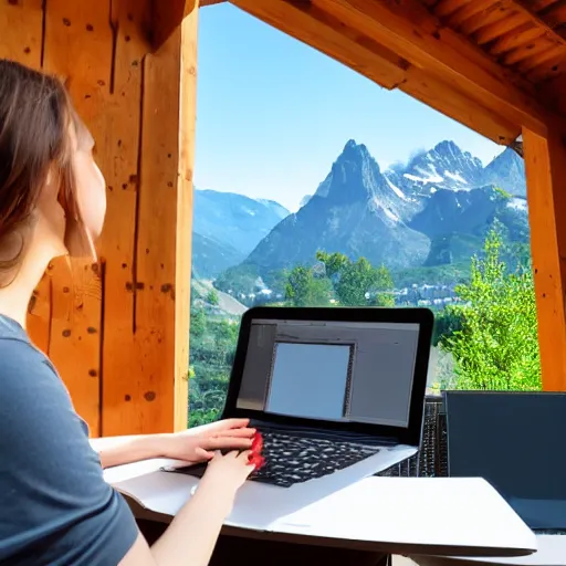 Image similar to female software developer sitting in front of a modern campus building and working on a laptop outside with mountains in the background in summer, alps, 4k, digital art, highly detailed, artstation, 8k, painting