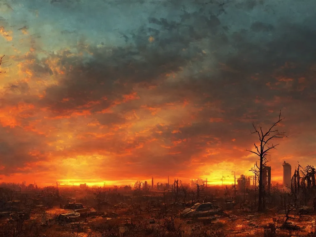 Image similar to a post apocalyptic atlanta landscape after a nuclear war, beautiful radioactive sunset lighting, beautiful painting, fallout 4, painted by albert bierstadt