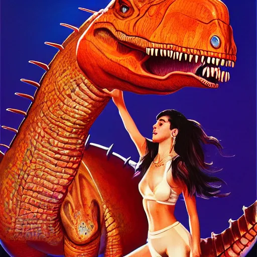 Prompt: Dua Lipa riding a dinosaur playing a keytar, painted by Boris Vallejo 1990, hyper realistic, artstation