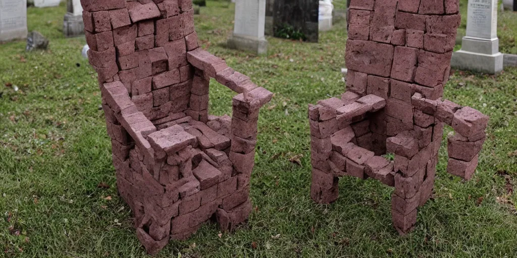 Prompt: Haunted Chair made out of bricks in a cemetery