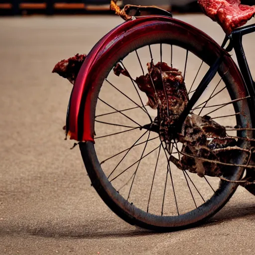 Prompt: bicycle constructed of beef, glistening meat and oily metal, pulsating, carnivorous,mechanical, tires, ribeye, hungry, in food photography style, high resolution detail,