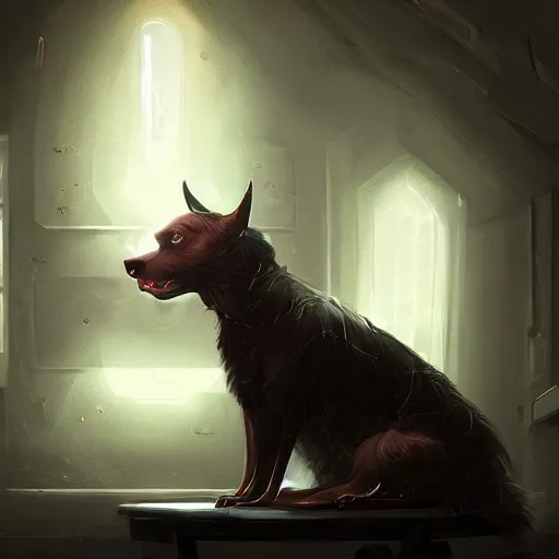 Prompt: a digital painting of a demonic lap dog, glowing eyes, labcoat, round glasses, hyper realistic, detailed, in the style of greg rutkowski