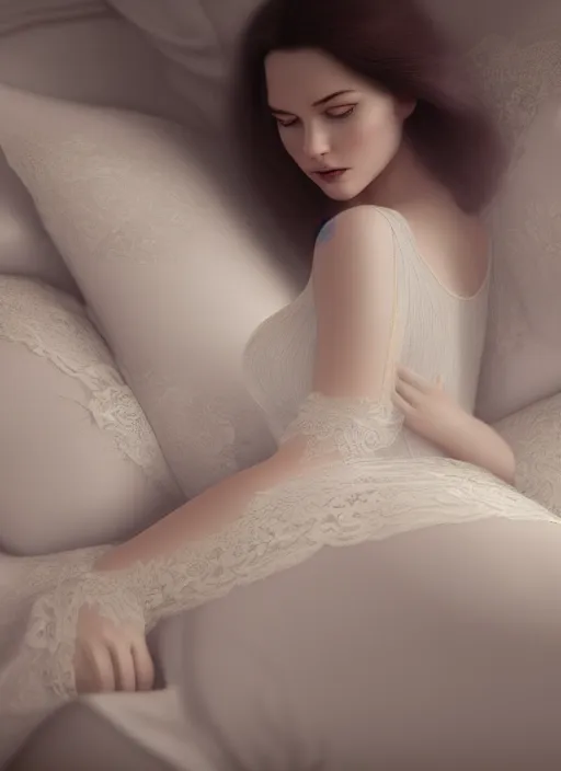 Image similar to young woman beautiful face : : white lace peignoir : : lie in bed at night : : weta disney pixar movie still photo : : decadent highly - detailed digital painting, soft light, full length shot, golden ratio, octane render, artstation, smooth, sharp focus, artgerm, mucha, loish, wlop, gogo
