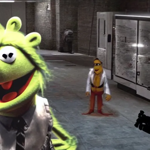 Image similar to a still of from the movie the muppet movie crossover with the game deus ex : mankind divided