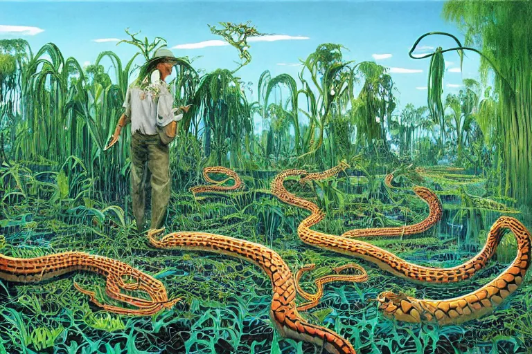 Image similar to Snake oil salesman searching the swamps of Formosa, painting by Roger Dean, painting by Naomi Okubo