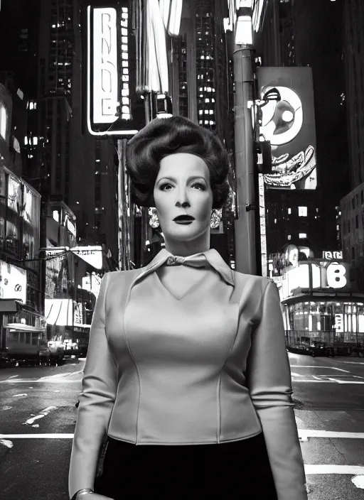 Image similar to a hyper realistic and detailed head portrait photography of a joan holloway, curvy, of mad men on madison avenue, new york city. by annie leibovitz. noir style. cinematic. neon lights glow in the background. ilford hp 5 4 0 0, canon eos c 3 0 0, ƒ 1. 8, 3 5 mm, 8 k, medium - format print