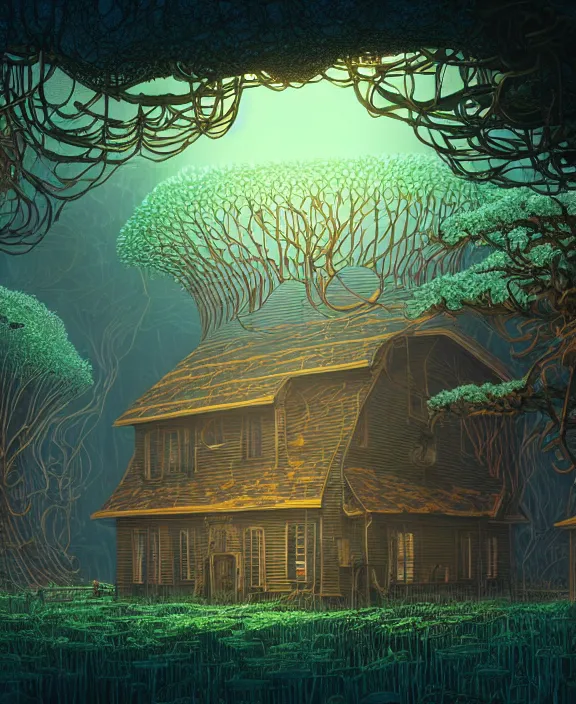 Image similar to an enormous schoolhouse made from jellyfish, overgrown with huge bioluminescent exotic fungus, deep in the woods, noon, sun drenched, partly cloudy, by dan mumford, yusuke murata, makoto shinkai, ross tran, cinematic, unreal engine, cel shaded, featured on artstation, pixiv