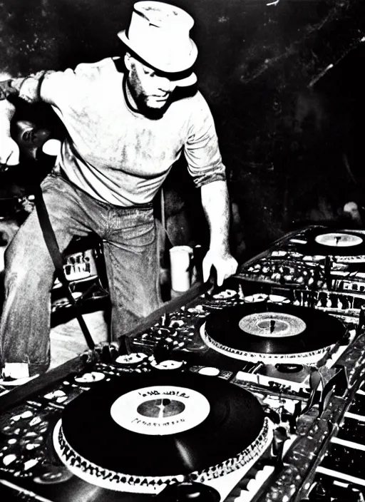 Image similar to old photo of a coal miner dj behind turntables on a disco floor