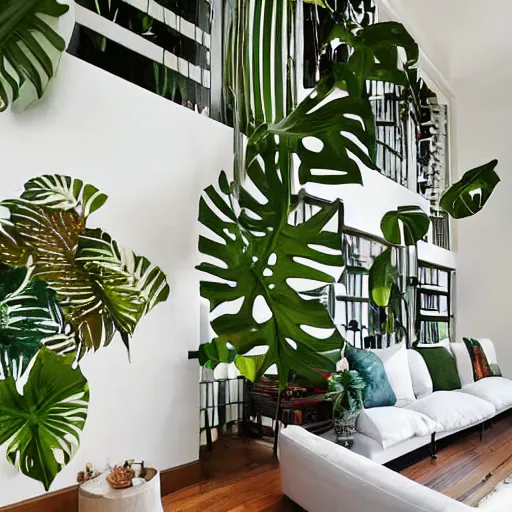 Image similar to a large loft with tropical plants and musical equipments, minimal style