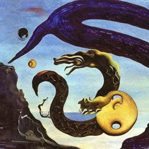 Prompt: The moon being eaten by a serpent, by Salvador Dali