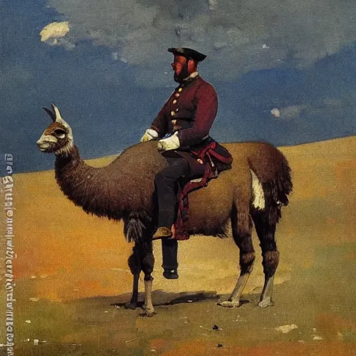 Image similar to oil painting by winslow homer of a civil war soldier and a llama.