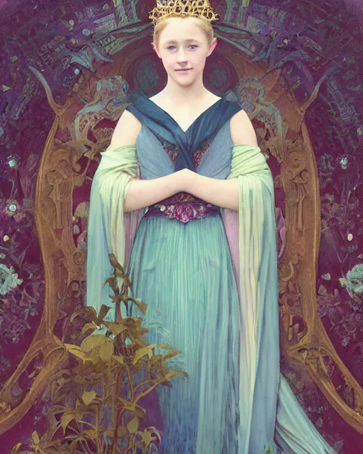 Image similar to a portrait painting of a shy, blushing princess resembling 1 4 - year old saoirse ronan in a tiara and an iridescent art nouveau gown watching the lantern festival, intricate, elegant, highly detailed, artstation, concept art, by krenz cushart and artem demura and william adolph bouguereau and alphonse mucha