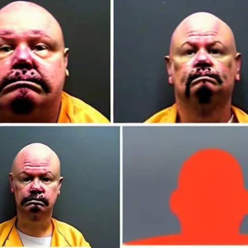 Image similar to inmate body with chicken face, mugshot in a police station