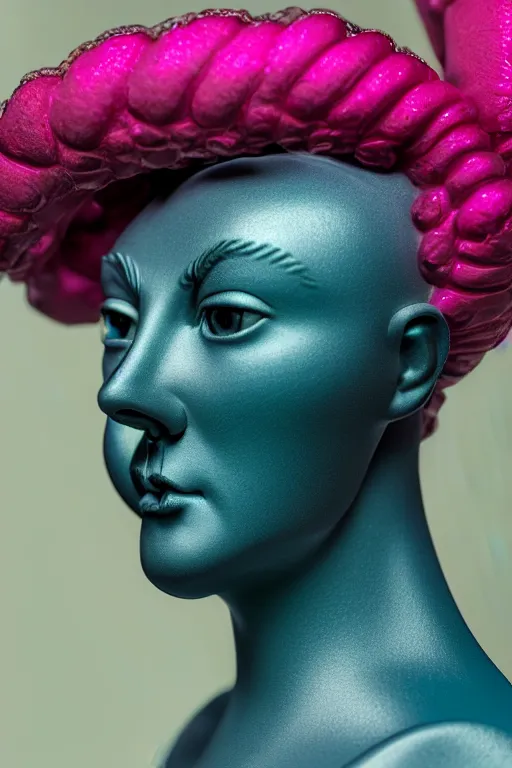 Prompt: hyperrealistic very detailed profile of rococo female face with pink eyes and mechanical mouth tjalf sparnaay very soft dark teal lighting wide angle 35mm shallow depth of field 8k