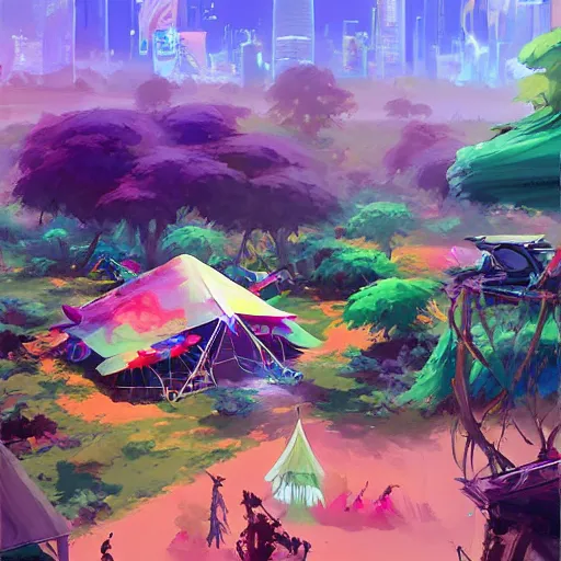 Prompt: hippie bohemian encampment with tie - dye tents and a garden with solar panels. a futuristic city in the distance. art by jesper ejsing, by rhads and tyler edlin, cgsociety, panfuturism, dystopian, bold colors, digital art, cyberpunk, expressive brushstrokes. anime aesthetic