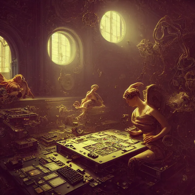 Image similar to motherboard, chip circuit, computer, dream - like atmosphere, baroque landscape painting, perfect composition, beautiful detailed intricate insanely detailed octane render trending on artstation, 8 k artistic photography, photorealistic, soft natural volumetric cinematic perfect light, chiaroscuro, award - winning photograph, masterpiece, raphael, caravaggio, greg rutkowski, beeple