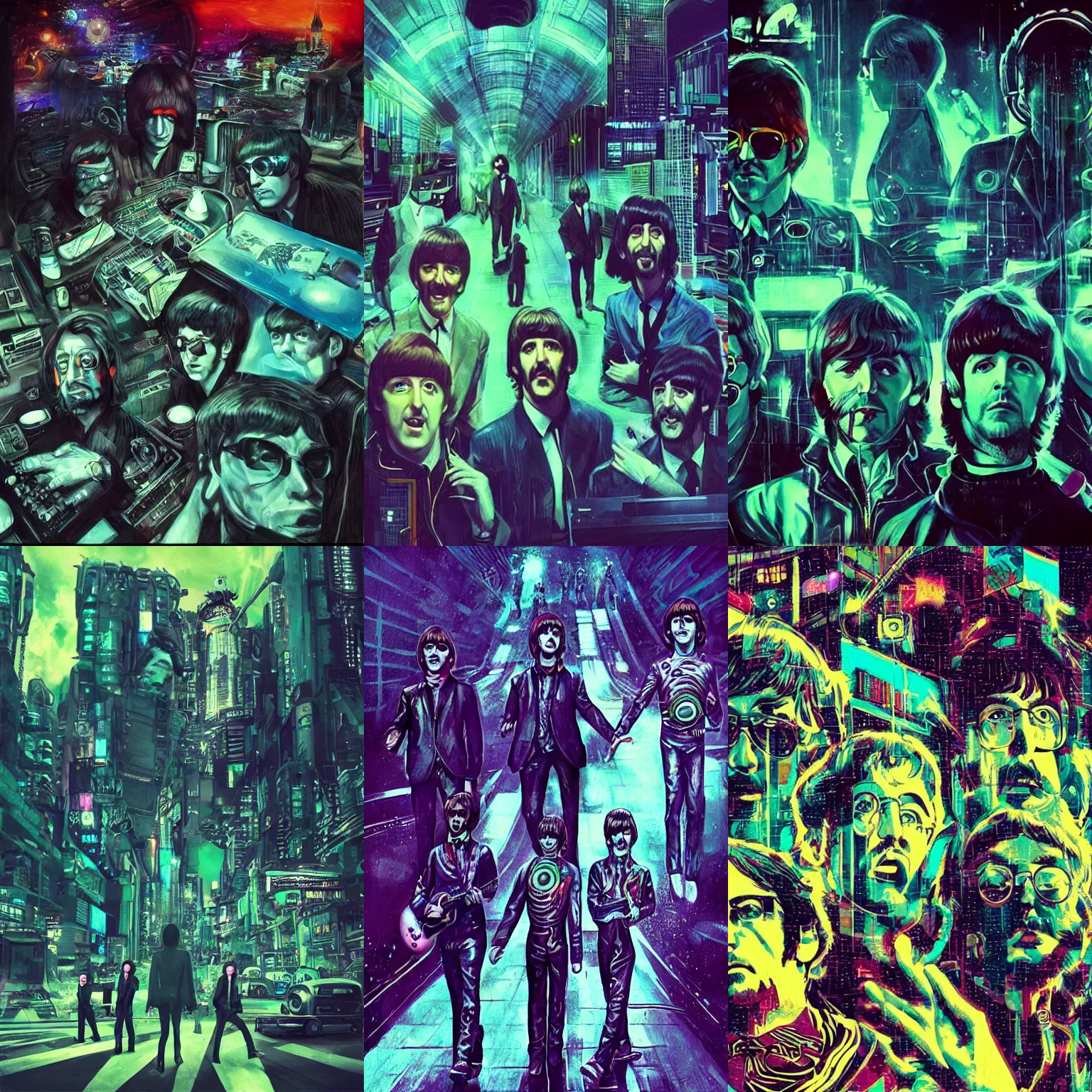 Prompt: the beatles as aliens, cyberpunk, cinematic, hyper realistic, psychedelic, landscape