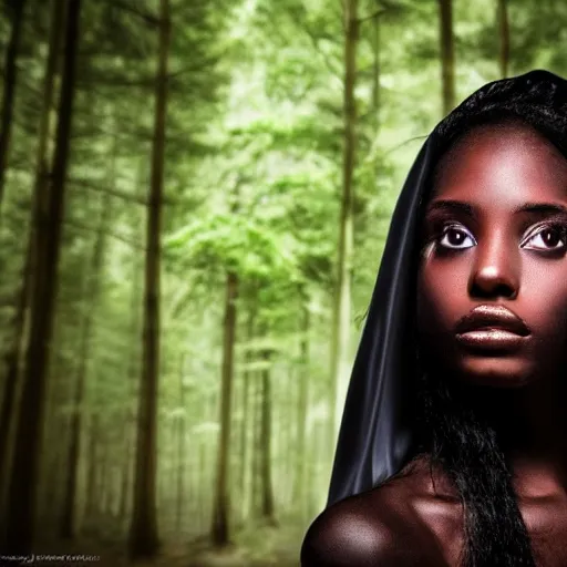 Prompt: glowing cloaked ebony maiden with stunning eyes and a beautiful supermodel face in a dark and creepy forest