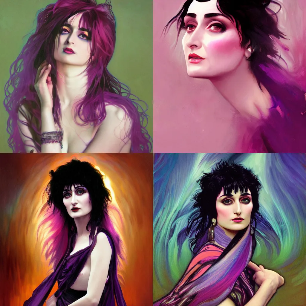 Prompt: siouxsie sioux digital portrait, high quality brushstrokes and ethereal lighting, flowing hair, lavender and ruby tones, alphonse mucha, wlop, Janice Sung, artstation, deviantart, pixiv