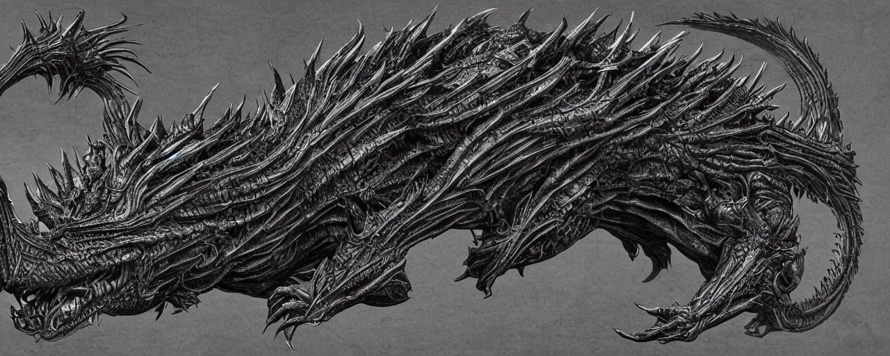 Image similar to full body, cross section of a large black scaled dragon, 3D, 8k resolution, by H R Giger