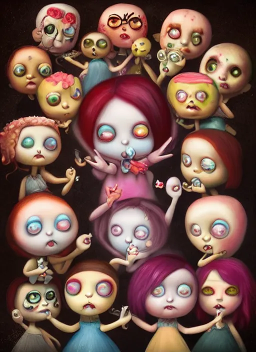 Image similar to fnafs eating cakes painted by mark ryden, detailed digital art, trending on Artstation