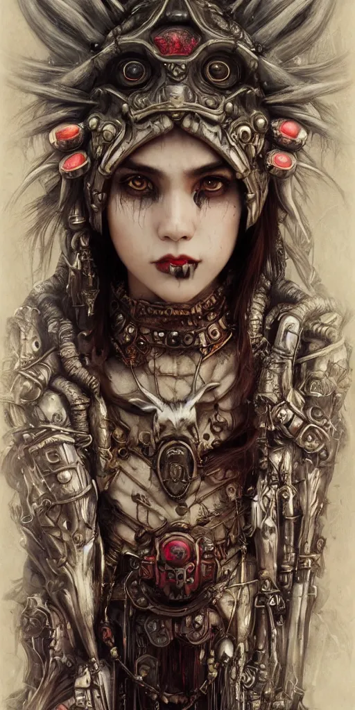 Image similar to hyper realistic Princess Mononoke, ornate mask, wet market street, cyberpunk metropolis, city landscape, jewels, full body pose, wolves, style of tom bagshaw, mucha, james gurney, norman rockwell, denoised, sharp