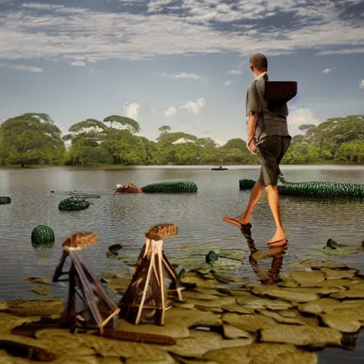 Image similar to man with clocks as eyes walking near lake with crocodiles, high detail, soft lighting, intricate, 8 k