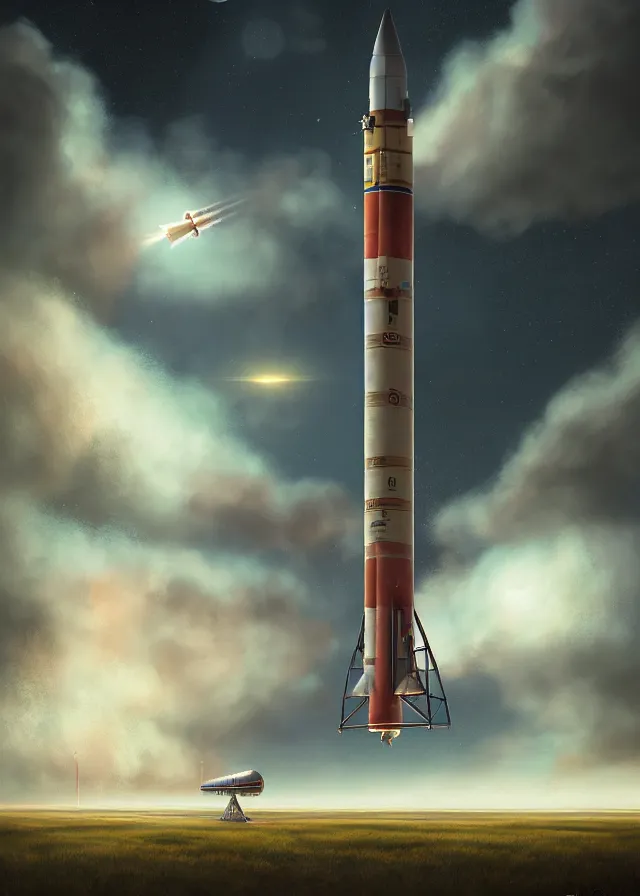 Prompt: epic professional digital art of vertical rocket on launch pad, at takeoff, ambient light, painted,, cinematic, detailed, grand, leesha hannigan, wayne haag, reyna rochin, ignacio fernandez rios, mark ryden, van herpen, artstation, cgsociety, epic, stunning, gorgeous, wow wow detail