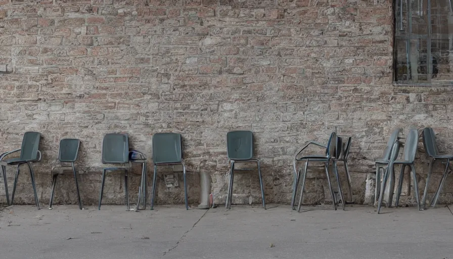 Prompt: chairs piled up on the walls of the street, hyperrealistic shaded