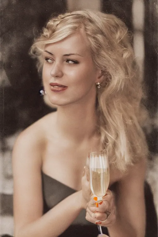 Image similar to 3 5 mm photograph of a young woman with blonde hair, wearing an evening dress, drinking champagne, photorealistic