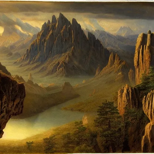 Image similar to a beautiful and highly detailed matte painting of an epic mountain range, ancient runes carved into the cliff face, intricate details, epic scale, insanely complex, 8 k, sharp focus, hyperrealism, very realistic, by caspar friedrich, james gurney, albert bierstadt,