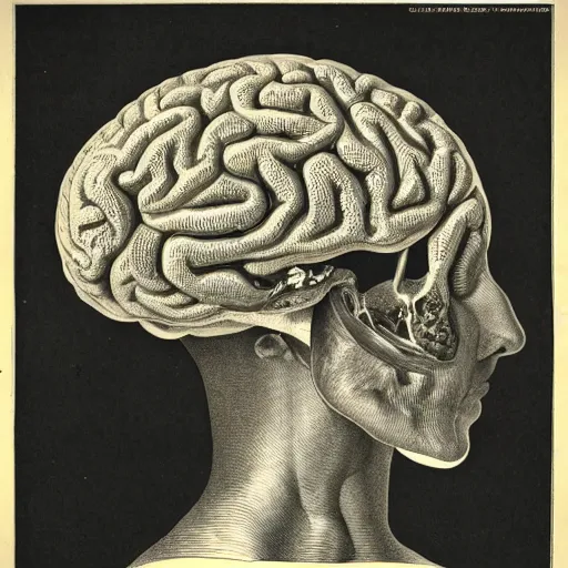 Prompt: victorian medical illustration of the human brain, fine detail