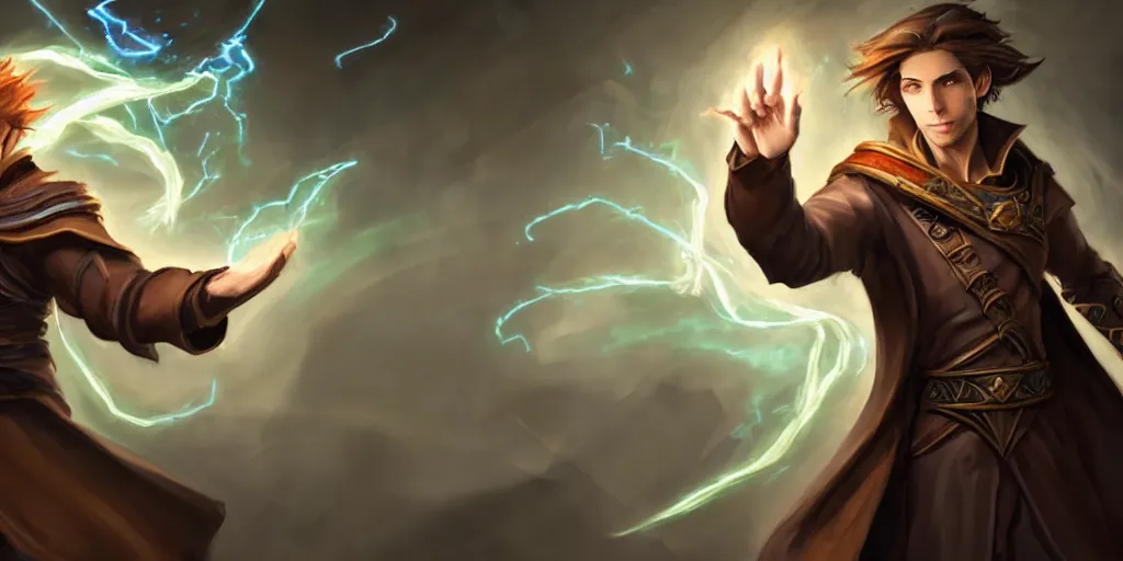 Prompt: epic concept art of a handsome young caucasian male sorcerer with brown hair casting a spell that is emanating from his hands he is in a alchemist lab, action pose, medium shot, deep depth of field, waist up, d & d mage, magic the gathering art