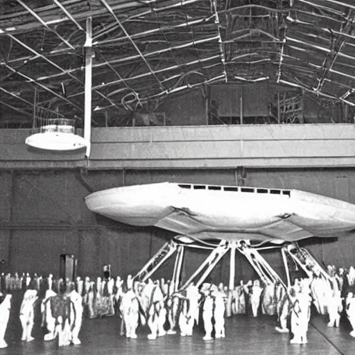 Image similar to dismantled ufo spaceship in hanger with people in hazmat suits standing around, grainy, vintage photo, sepia, old photo, realistic, detailed,