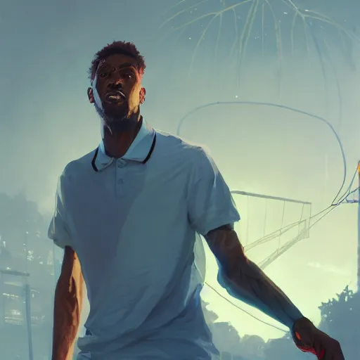 Image similar to highly detailed basketball player, in gta v, stephen bliss, unreal engine, fantasy art by greg rutkowski, loish, rhads, ferdinand knab, makoto shinkai and lois van baarle, ilya kuvshinov, rossdraws, tom bagshaw, global illumination, radiant light, detailed and intricate environment