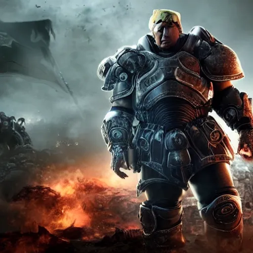 Image similar to Photo portrait of Donald Trump as Crusader Patriot Knight in Gears of War, splash art, movie still, detailed face, photorealistic facial features, cinematic lighting, dramatic, octane render, long lens, shallow depth of field, bokeh, anamorphic lens flare, 8k, hyper detailed, 35mm film grain