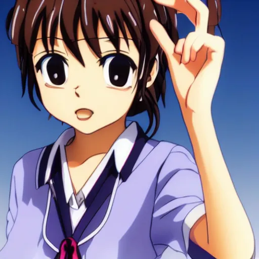 Image similar to professional portrait photograph, realistic photo of haruhi suzumiya from the anime the melancholy of haruhi suzumiya.