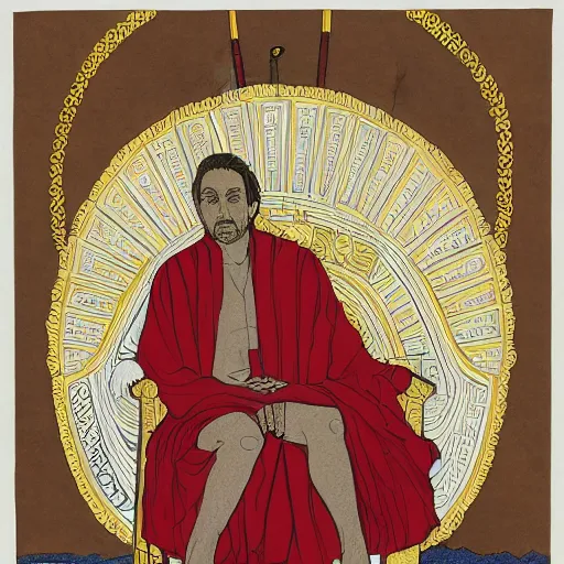 Image similar to modern self portrait of man sitting on throne, legs crossed, while holding a sword, white man, hispanic, brown hair, light skin, golden throne, red robes, 8 k, hi - rez, circles, lamented, clear, brown eyes, colored, sharp, pencil art, illustrated by lee friedlander