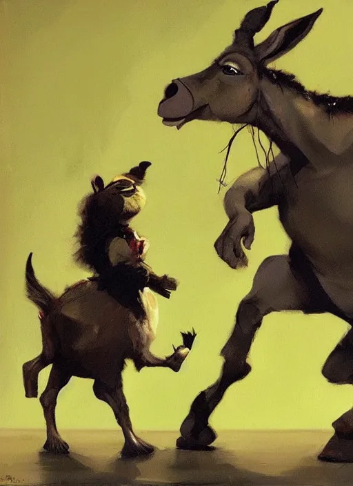 Image similar to shrek and donkey, painting by phil hale, fransico goya,'action lines '!!!, graphic style, visible brushstrokes, motion blur, blurry, visible paint texture, crisp hd image