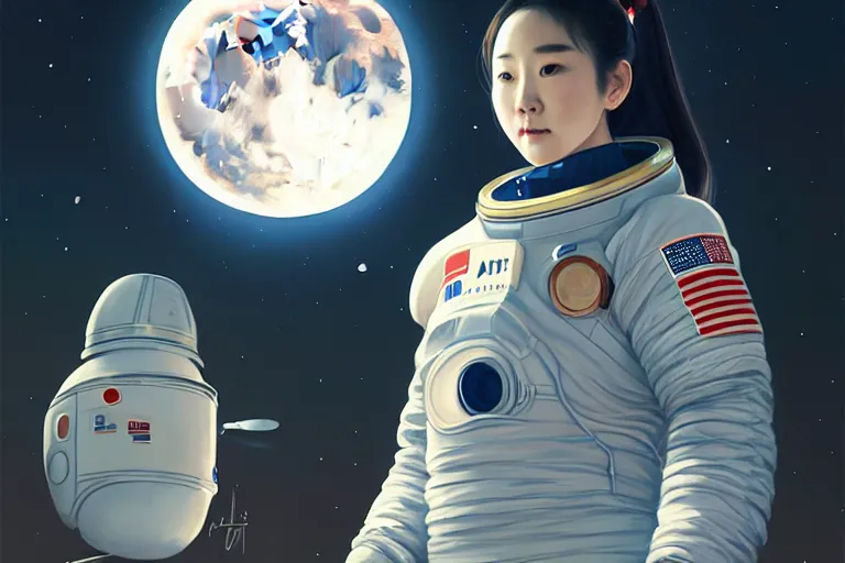 Prompt: portrait of lee chae - rin in a spacesuit frowning, moon base with earth in the night sky, artgerm, ilya kuvshinov, krenz cushart, ruan jia, realism, ultra detailed, 8 k resolution