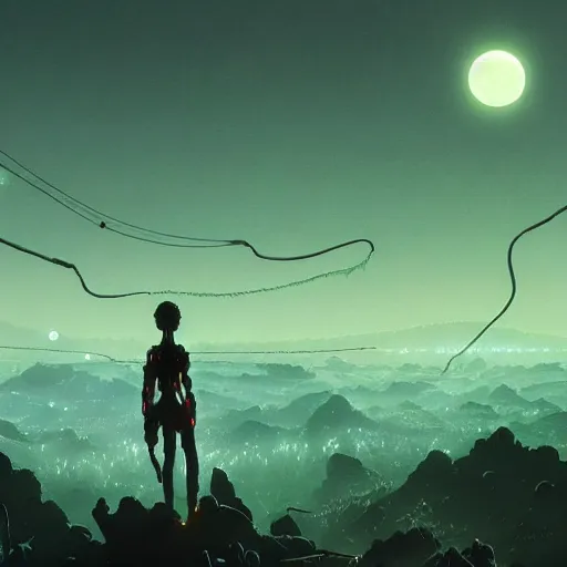 Image similar to alien world made from wires, detailed landscape, intricate complexity, 3 bright moons, green glow, by greg rutkowski, artgerm, ross tran, conrad roset, takato yomamoto, ilya kuvshinov. 4 k, beautiful, cinematic dramatic atmosphere