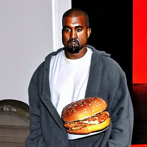 Image similar to kanye west carrying a giant cheeseburger