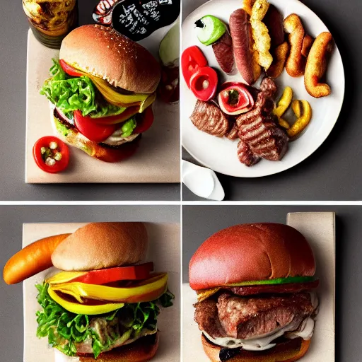 Prompt: 🍖🍔🌭, food photography, studio lighting