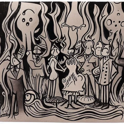 Prompt: group of cartoon characters standing in front of a fire, concept art by Lotte Reiniger, cg society, harlem renaissance, hellish background, lovecraftian, matte drawing