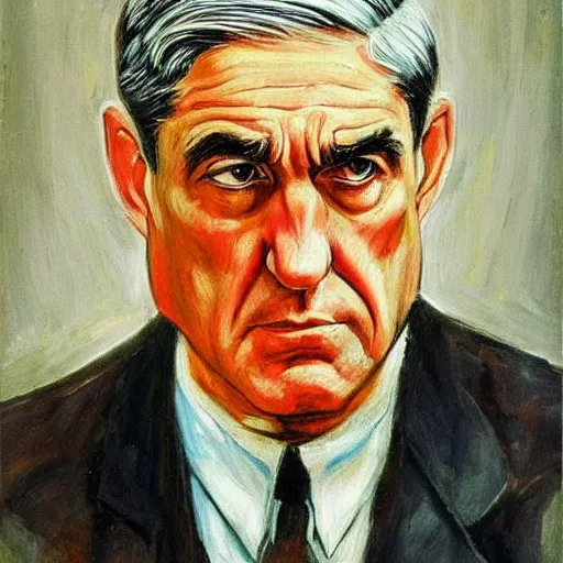 Prompt: socialist realist painting of robert mueller!!! standing with folded arms, polish movie poster