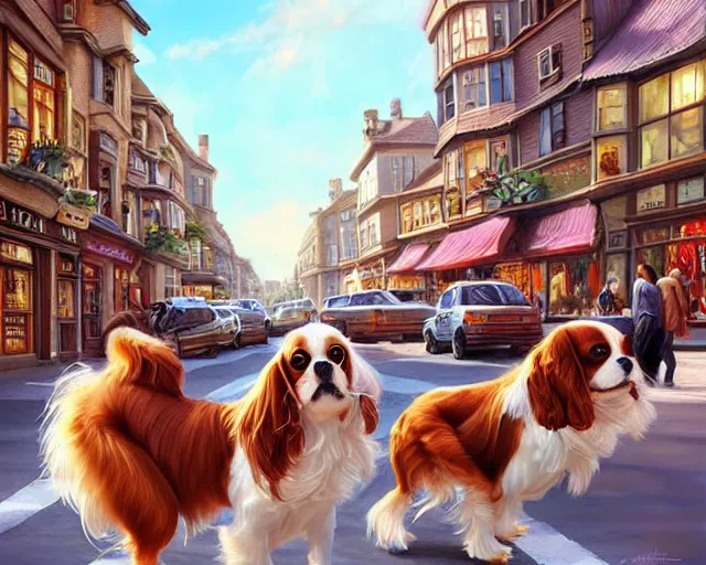 Prompt: bustling city street, many cavalier king charles spaniel dogs, dogs everywhere, quaint market town, art by artgerm